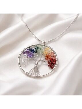 Tree of Life Rainbow Gemstone Pendant Necklace | 7 Chakra Crystal | Silver Tone